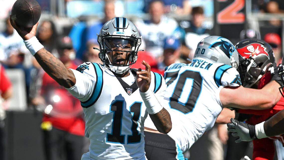 Carolina Panthers quarterback PJ Walker passes to a receiver during action against the Tampa Bay Buccaneers at Bank of America Stadium in Charlotte, NC on Sunday, October 23, 2022. The Panthers defeated the Buccaneers 21-3.