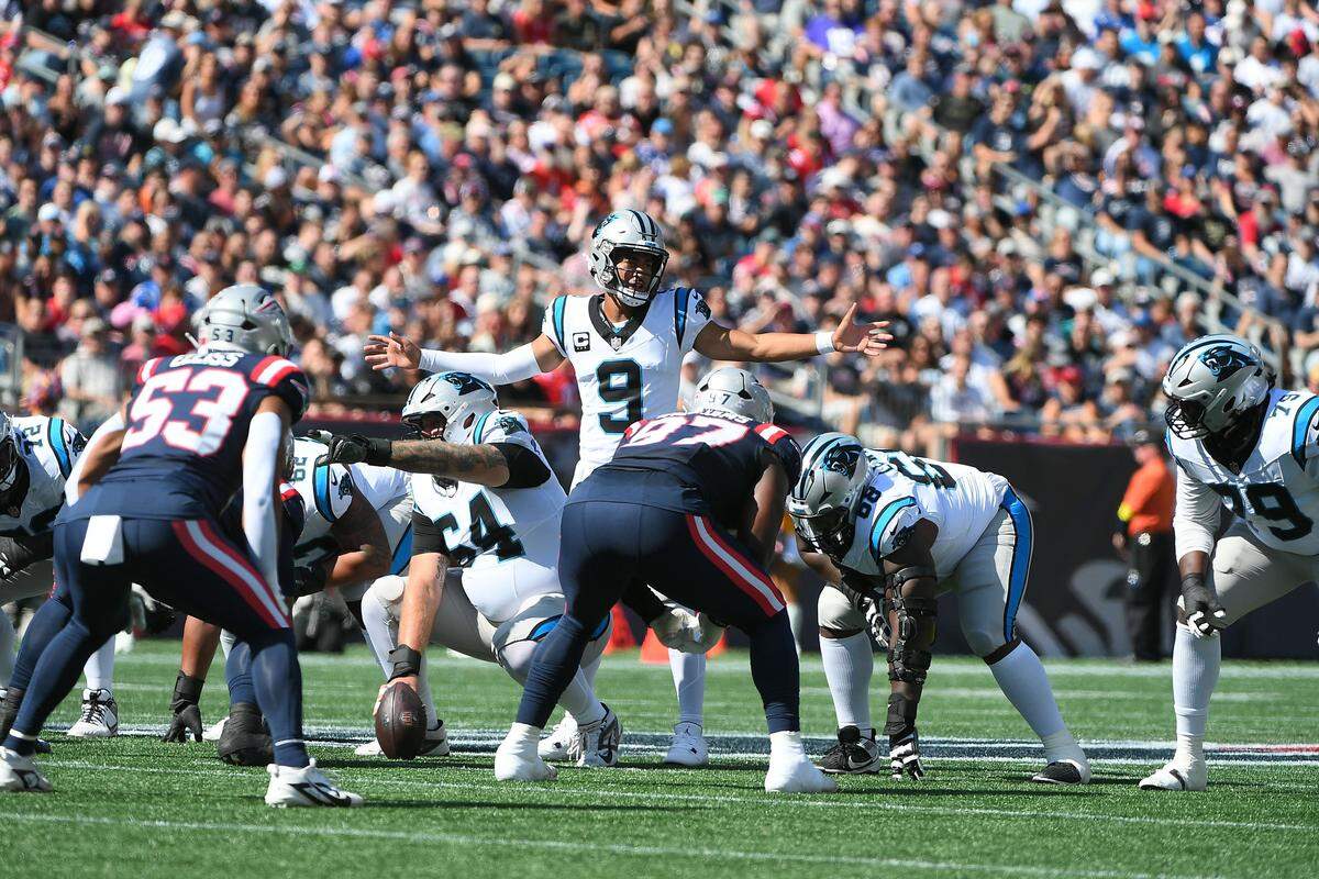 Sep 28, 2025; Foxborough, Massachusetts, USA; Carolina Panthers quarterback Bryce Young (9) directs the offense during the first half against the New England Patriots at Gillette Stadium. Mandatory Credit: Bob DeChiara-Imagn Images