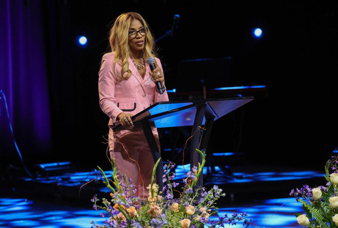 April Simkins delivers remarks about her daughter, former Miss USA winner Chelsie Kryst, during a memorial service to honor her life at Elevation Blakeney on Friday, February 18, 2022 in Charlotte, NC. Kryst, who was beloved in the Charlotte area and worked closely with local charities such as Dress for Success, was secretly suffering from depression and died by suicide on January 30, 2021 in New York City.