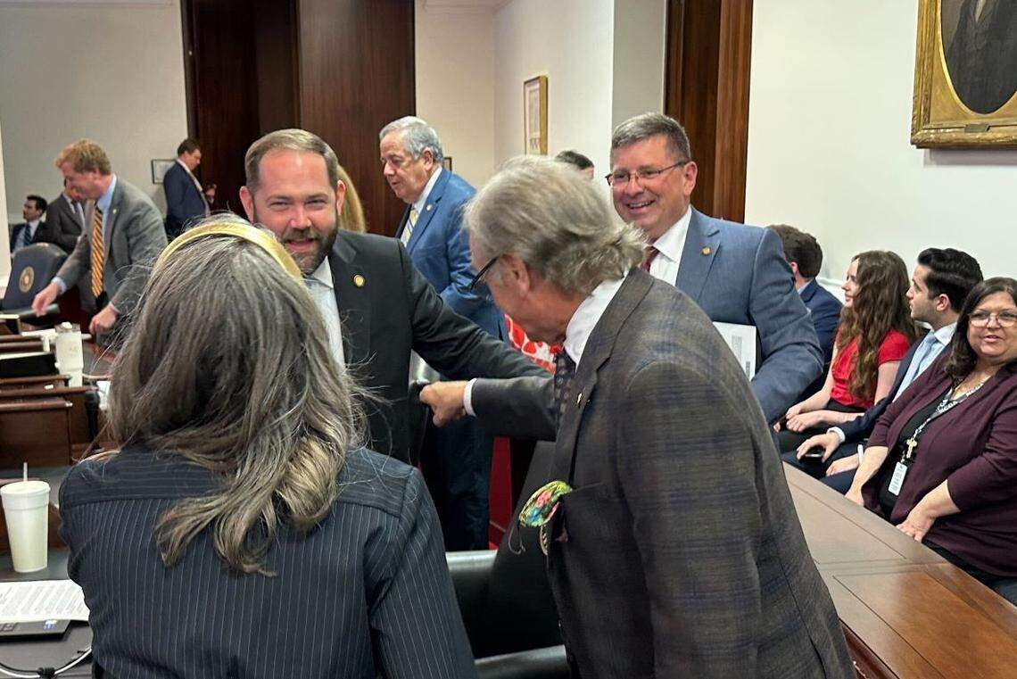 Sen. Chris Measmer of Cabarrus County chats with Senate Rules Chair Bill Rabon and Durham Sen. Sophia Chitlik after being sworn into office on Tuesday, April 15, 2025 to serve the remainder of former Sen. Paul Newton’s term.