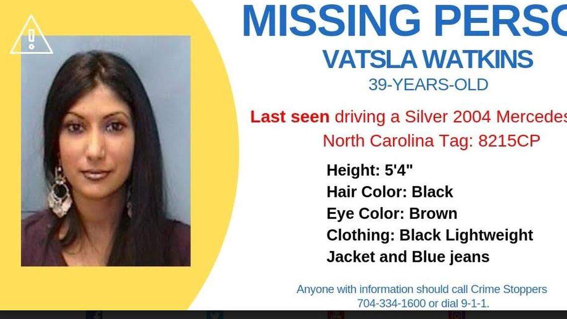 Family and friends of 39-year-old Vatsla Watkins have neither seen nor heard from her since she left her Charlotte home early Monday, driving her silver, four-door 2004 Mercedes-Benz C230 sedan. The car was found on Friday at a Lake Wylie marina, police said. Her car has a Carolina Panthers NC tag of 8215CP, according to police.