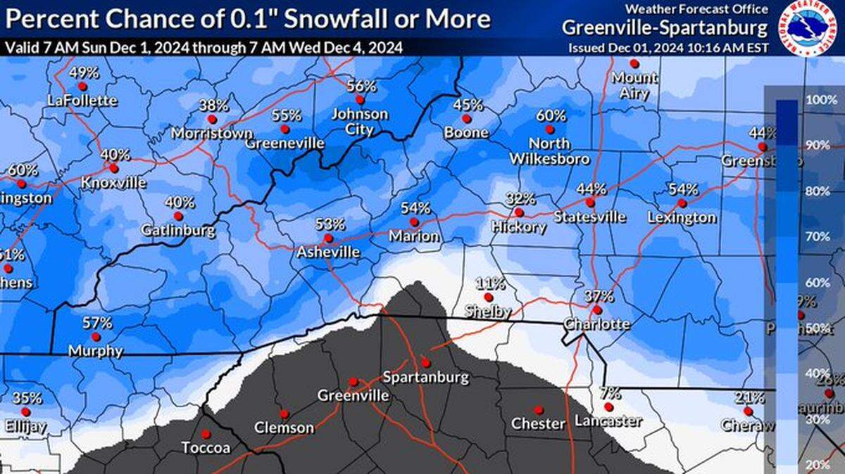 The Greenville-Spartanburg National Weather Service says there’s a chance for snow flurries across the Charlotte region Monday afternoon through Tuesday morning. Little to no accumulation is expected outside of higher elevations in the mountains.