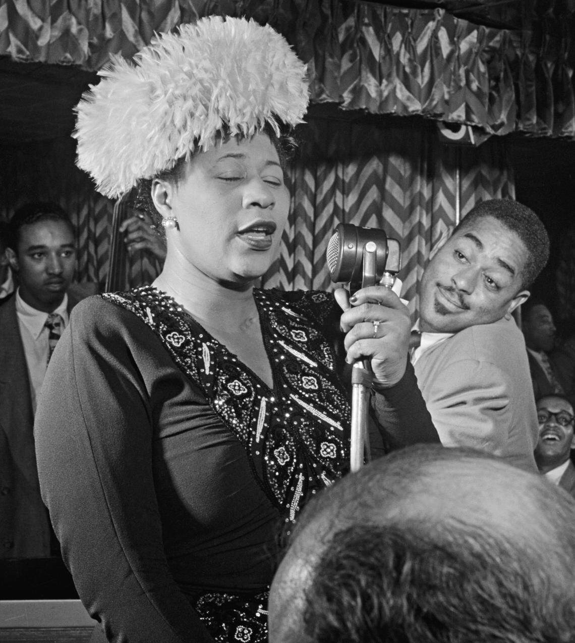 The Gantt Center will feature “Jazz Greats: Classic Photographs from the Bank of America Collection,” Nov. 7-April 26, 2026, with 33 black-and-white photos of jazz legends from the 1940s-‘60s. Seen here: Ella Fitzgerald, Dizzy Gillespie, Ray Brown, Milt (Milton) Jackson, and Timmie Rosenkrantz, Downbeat, New York, N.Y., 1947, Gelatin silver print, Bank of America Collection.