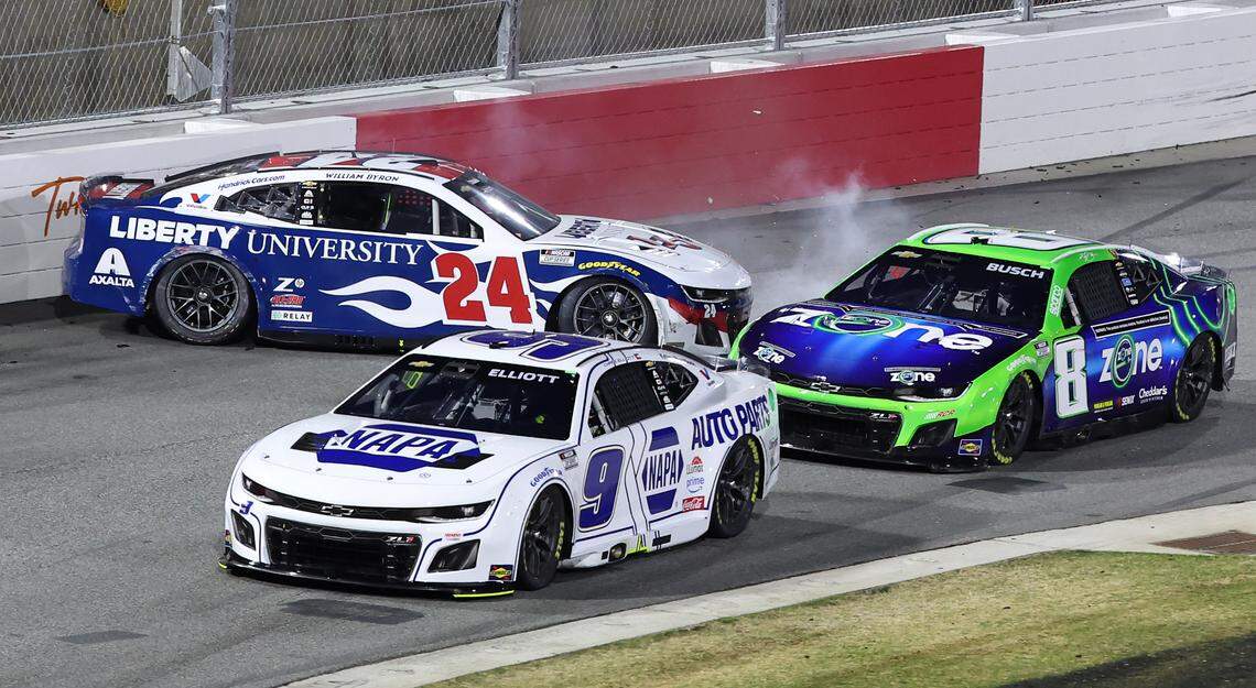 NASCAR Cup Series driver William Byron, left, gets spun out near Turn 1 during the Cook Out Clash race at Bowman Gray Stadium in Winston-Salem, NC on Sunday, February 2, 2025.