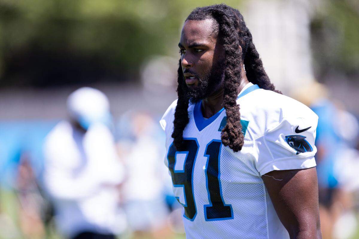 Jul 26, 2025; Charlotte, NC, USA; Carolina Panthers linebacker Pat Jones II (91) walks off after practice during training camp. Mandatory Credit: Scott Kinser-Imagn Images