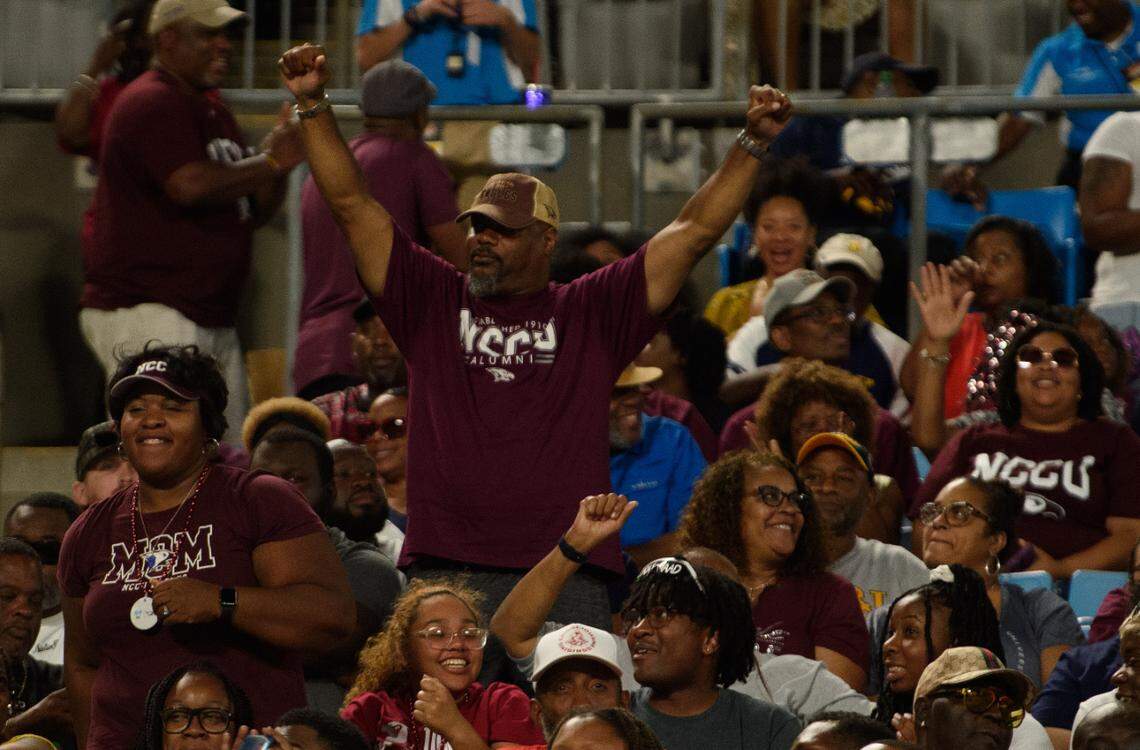 N.C. Central fans celebrate during the Duke’s Mayo Classic at Bank of American Stadium in Charlotte, NC, on Saturday, Sept. 3, 2022.