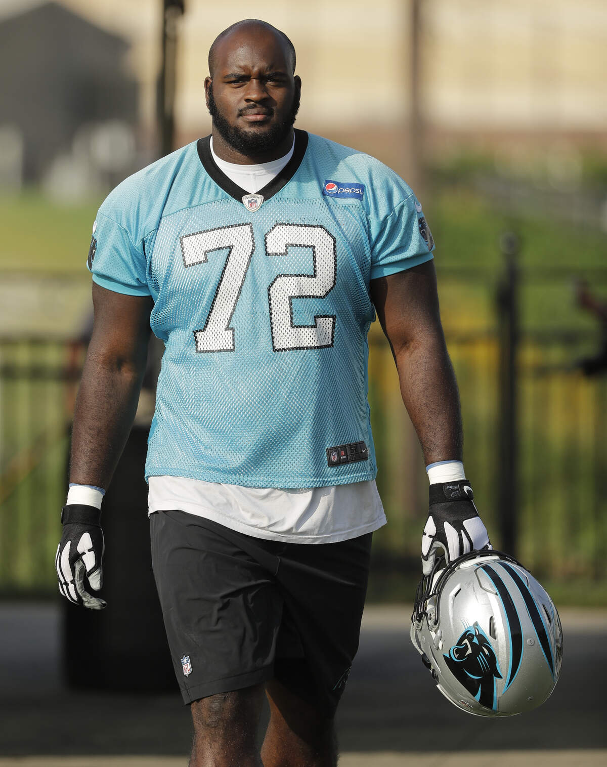 Carolina Panthers offensive lineman Taylor Moton (72) will need to step up in training camp to compete with Amini Silatolu for the starting left guard position.
