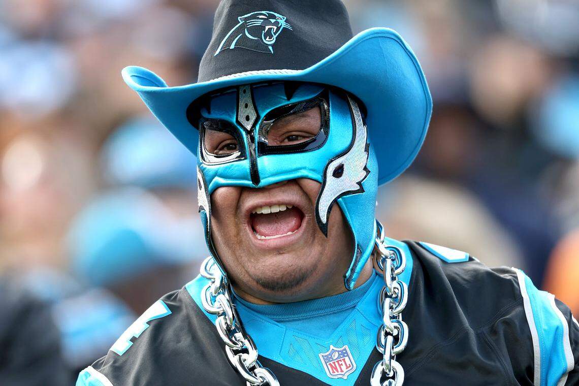 A Carolina Panthers fan yells support to the team during action against the Tampa Bay Buccaneers on Sunday at Bank of America Stadium in Charlotte. The Panthers defeated the Buccaneers 23-20.