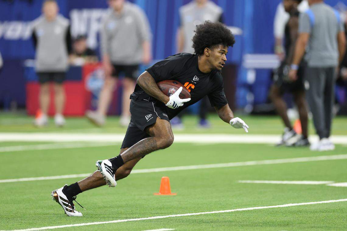 Texas A&M Aggies wide receiver KC Concepcion participates in a drill during the 2026 NFL Scouting Combine at Lucas Oil Stadium on February 28, 2026 in Indianapolis, Indiana. (Photo by Stacy Revere/Getty Images)