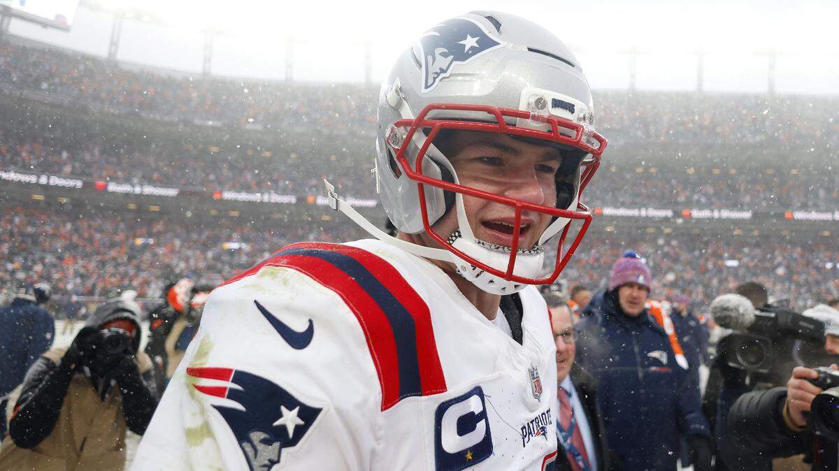 New England Patriots quarterback Drake Maye reacts after defeating the Denver Broncos in the AFC Championship game at Empower Field At Mile High on Jan. 25, 2026 in Denver, Colorado. The victory pushed Maye and the Patriots into the Super Bowl.