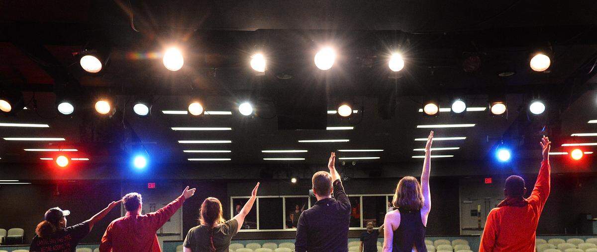 The cast sings “Masquerade” during rehearsal at Pease Auditorium for “The Music of the Night: An Andrew Lloyd Webber Revue.”
