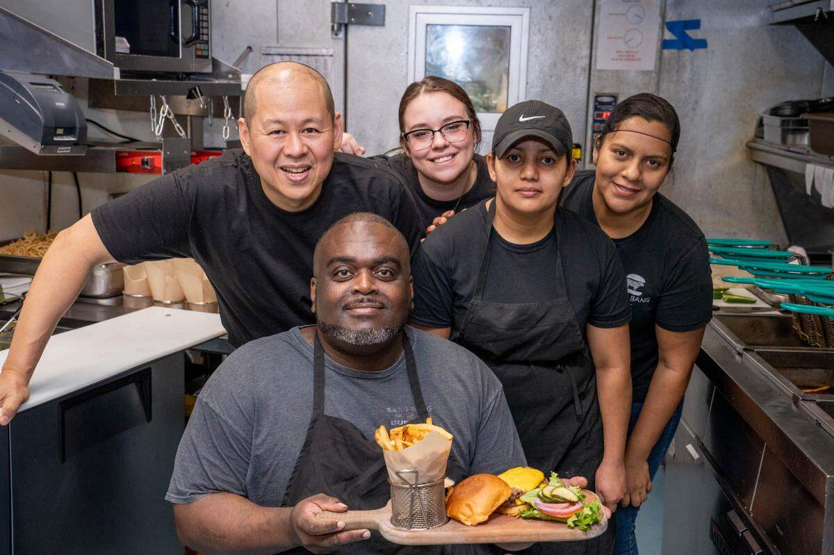 Bang Bang Burgers team members include, top row from left: Joseph Huang, Sara Pickard, Diana Mejia, Beatriz Zavala; and bottom row: Elliott Clinton.