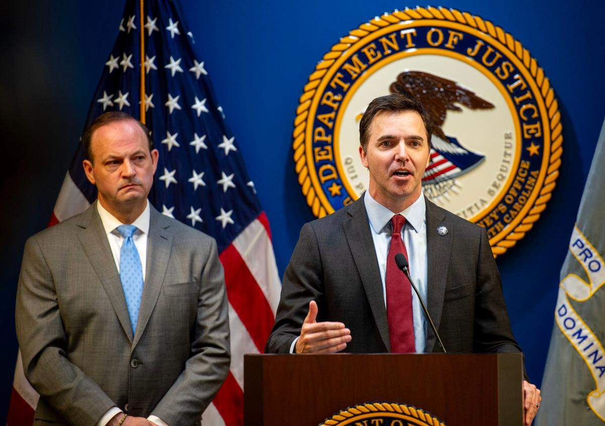 North Carolina Attorney General Jeff Jackson gives his remarks during a press conference announcing federal criminal charges stemming from healthcare fraud enforcement actions alongside the Attorney General for South Carolina, the FBI and their respective offices in Charlotte, NC, Monday June 30, 2025.