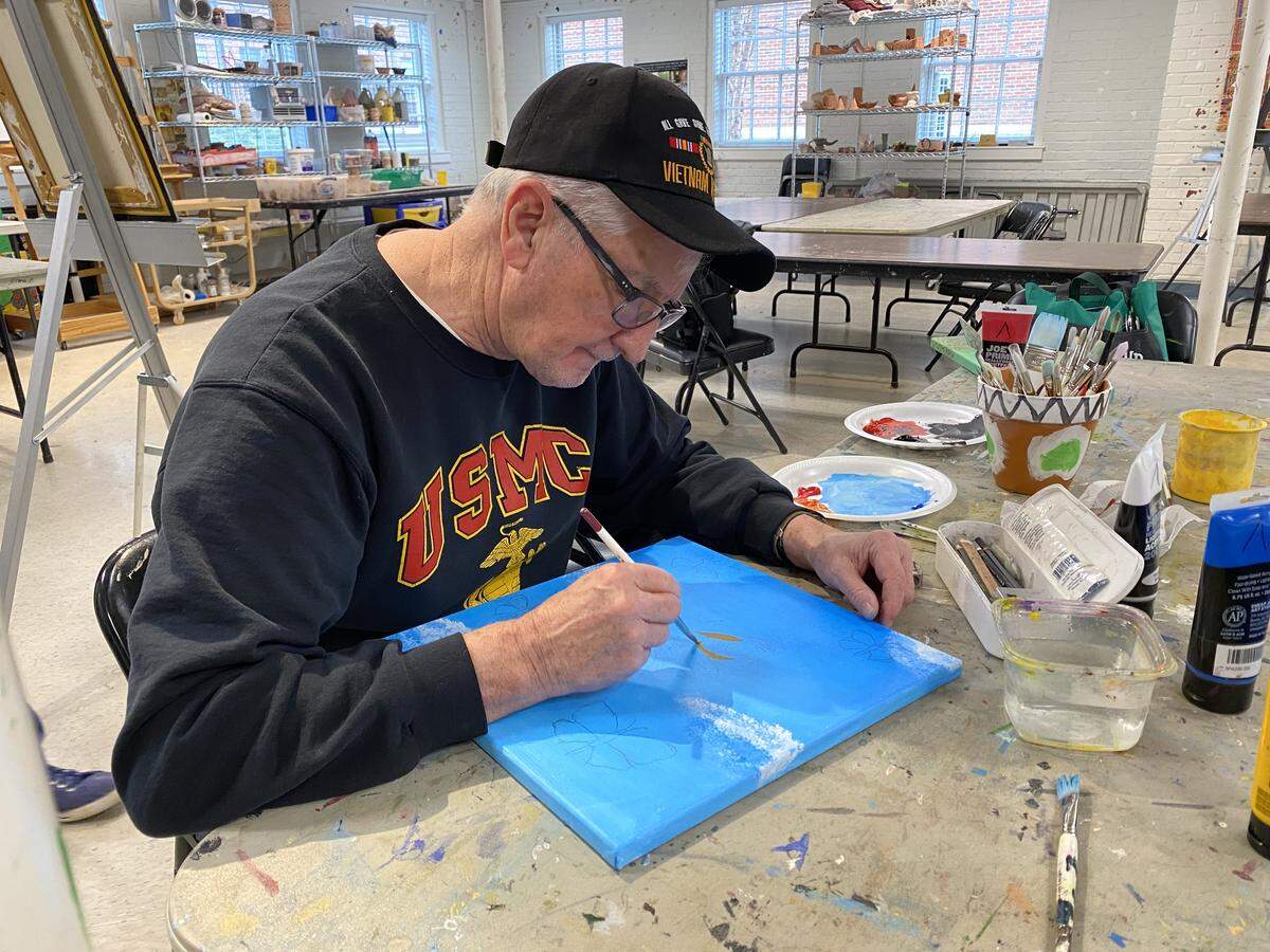 Jim Wilson, a Marine Corp veteran, works on a project at the McDowell Arts Center in Matthews. When the center reopens Art for Veterans will meet there on Wednesdays. Classes, which include supplies, are free. Vets can register over the phone or in person.