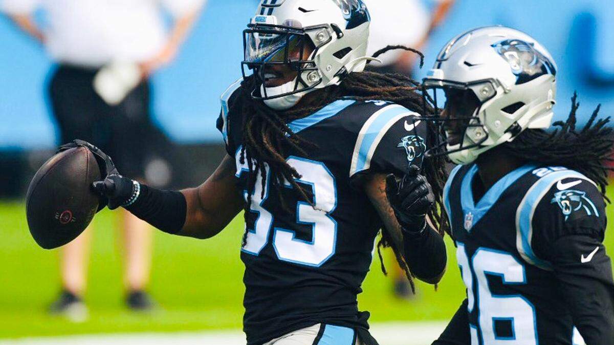 Carolina Panthers Tre Boston (33) runs into an end zone to celebrate the teams recovery of a Bucs fumble 1st quarter during the first quarter of the game at Bank of America Stadium in Charlotte, NC on Sunday, November 15, 2020.