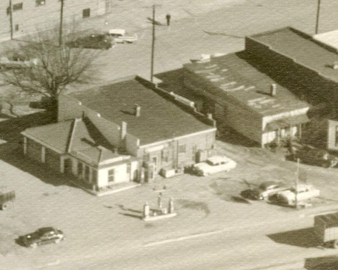 1950s aerial view of Carson’s Service Station, left, and Frank’s Grill, just to the right. The businesses, both listed in the Green Book, were located on Depot Hill in south Statesville.