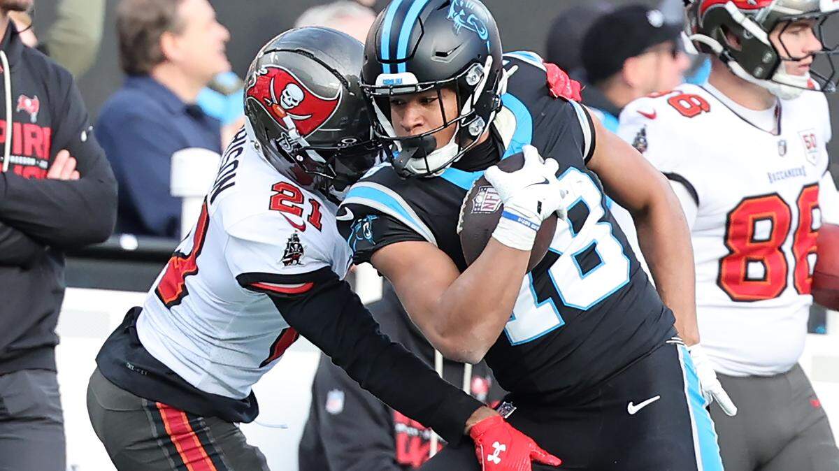 Jalen Coker (18) and the Carolina Panthers faced off against Tampa Bay already on Dec. 21 and now will again Saturday, with the NFC South title and a home playoff game at stake.
