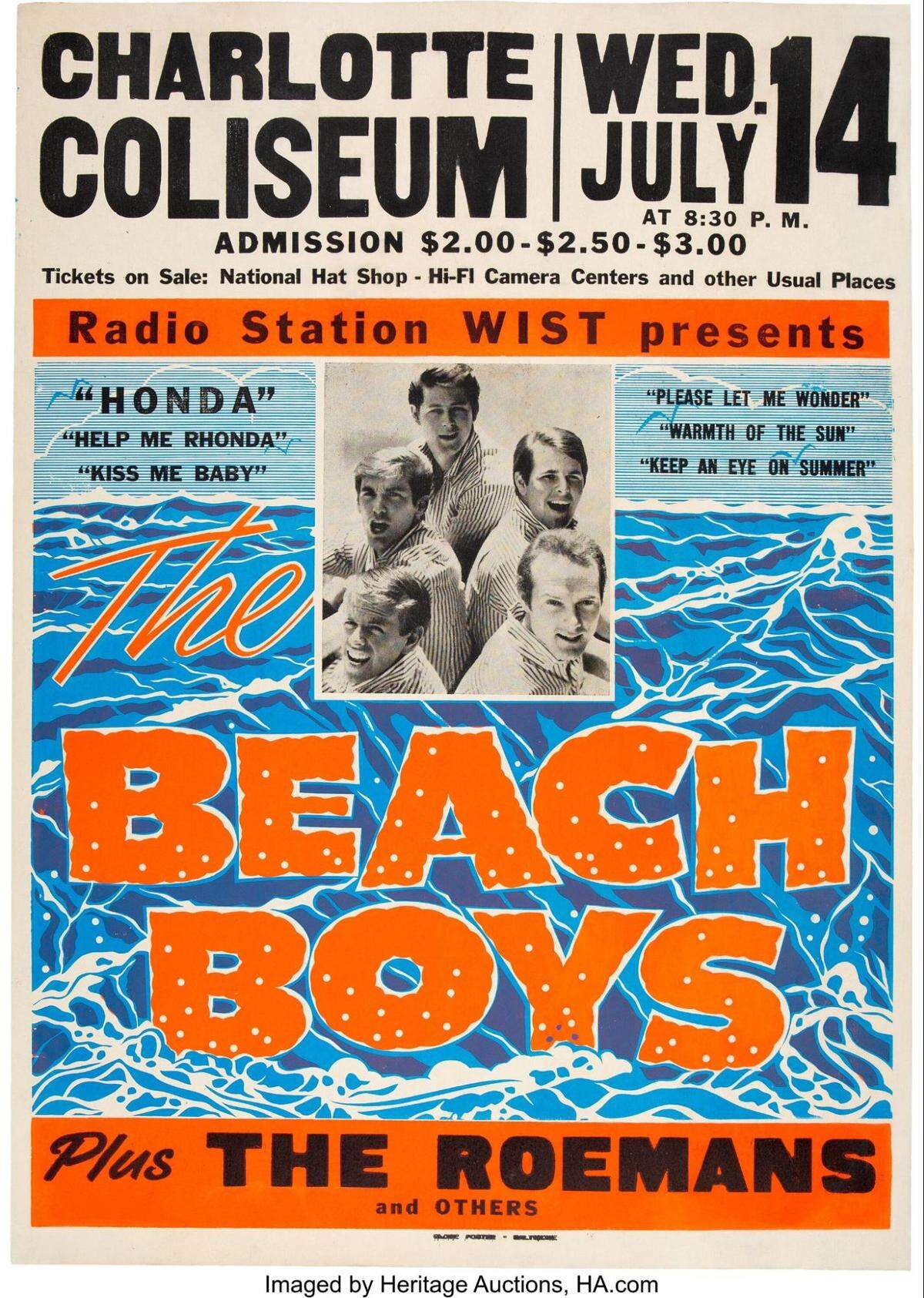 The original vintage poster advertising The Beach Boys in concert in Charlotte on Wednesday, July 14, 1965.