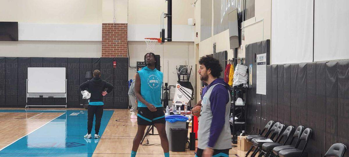 Charlotte Hornets center Mark Williams looks on at the end of the team’s shootaround prior to its game against the Boston Celtics on Friday.