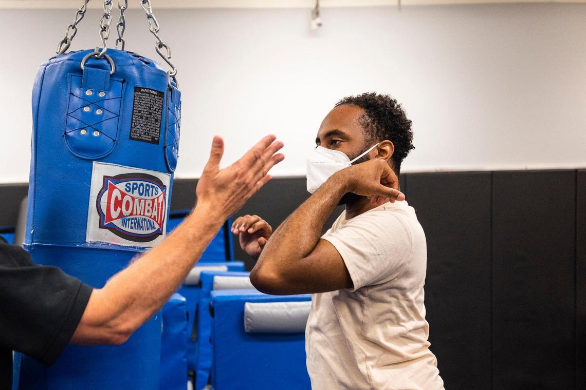 Devin McLendon, crew member for PSA Airlines, learned how to properly deliver an elbow hit during a self defense training class at the Federal Air Marshal Service Charlotte Field Office.