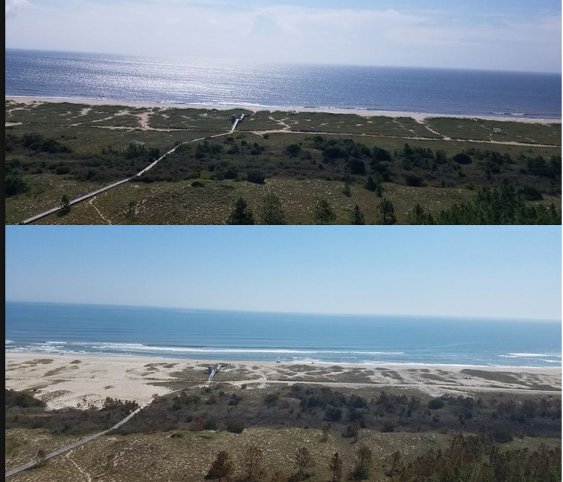 Top photo shows the beach east of Cape Lookout Lighthouse before Florence, and the bottom photo shows the aftermath, with sand covering marsh and grassland.