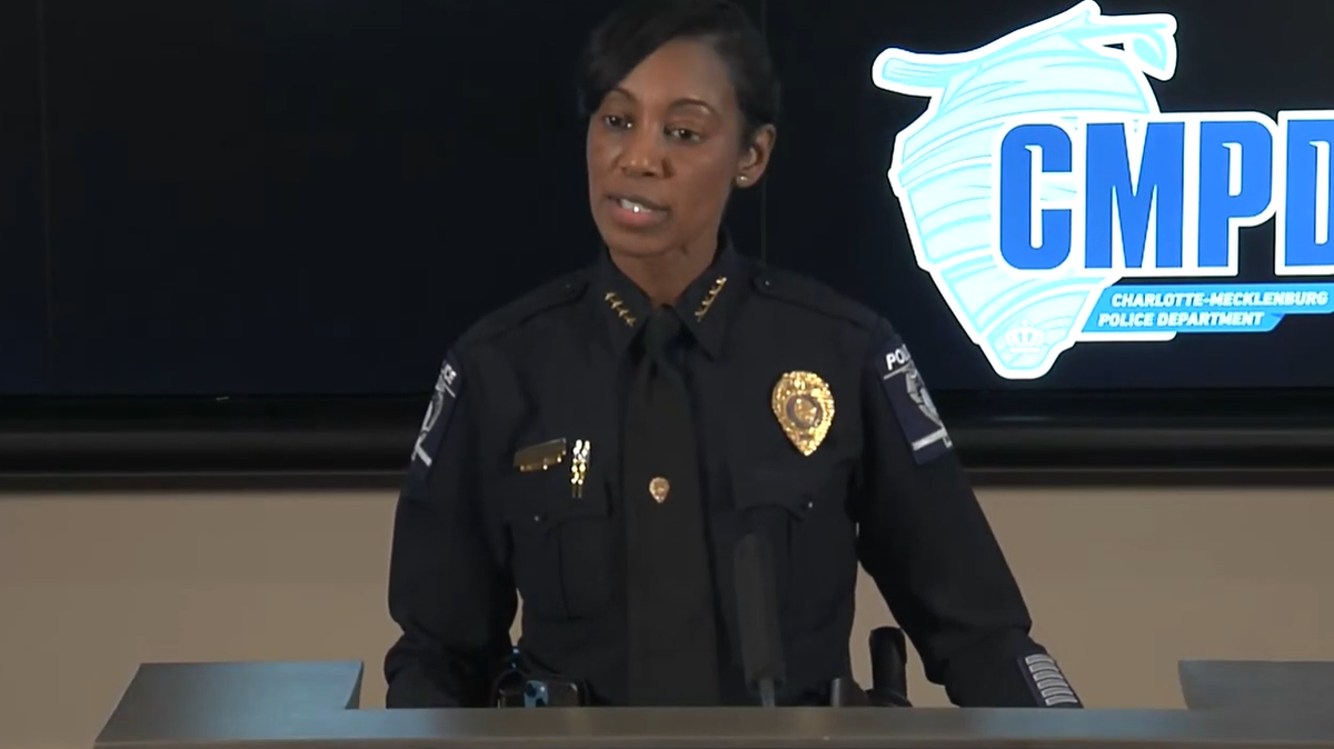 Chief Estella Patterson spoke at a press conference in January presenting the Charlotte-Mecklenburg Police Department’s end-of-year crime report.