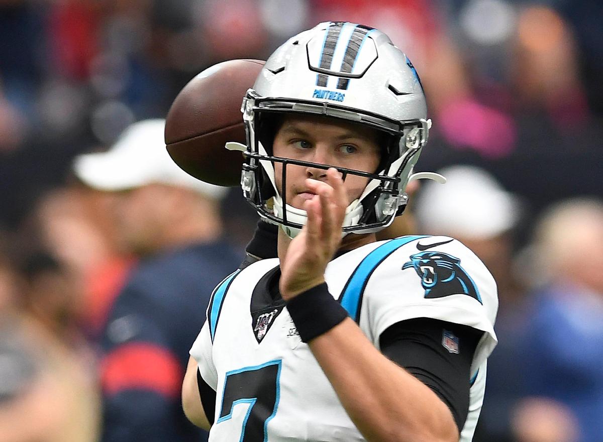 Carolina Panthers quarterback Kyle Allen (7) is the first NFL quarterback ever to go 5-0 in his first five starts without throwing an interception.