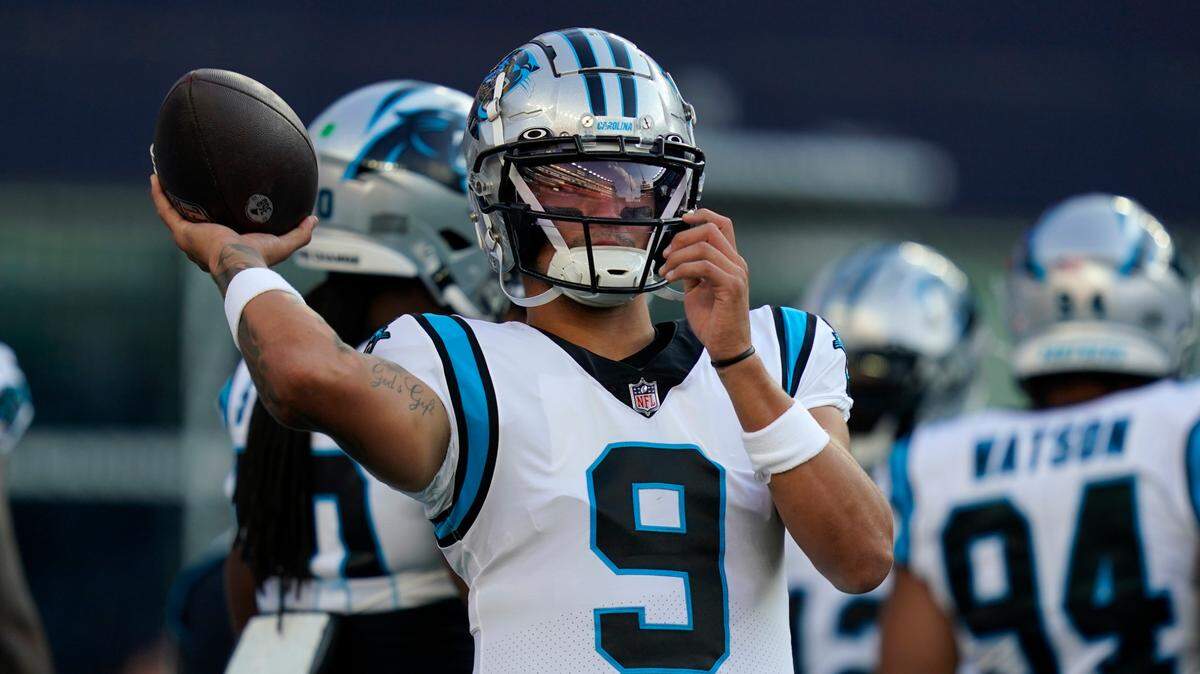 Carolina Panthers quarterback Matt Corral (9) prior to a preseason NFL football game against the New England Patriots, Friday, Aug. 19, 2022, in Foxborough, Mass.
