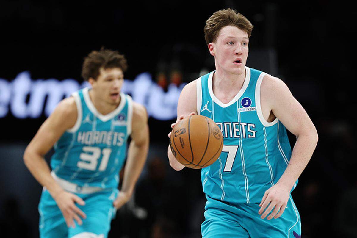 Kon Knueppel of the Charlotte Hornets dribbles during the first half against the Brooklyn Nets at Barclays Center on December 01, 2025 in the Brooklyn borough of New York City.