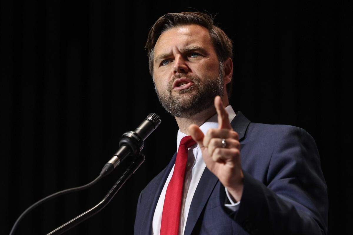 Senator JD Vance, the GOP vice presidential nominee, speaks to supporters during a rally at Dale F. Halton Theater on the campus of CPCC in Charlotte, NC on Monday, September 23, 2024.