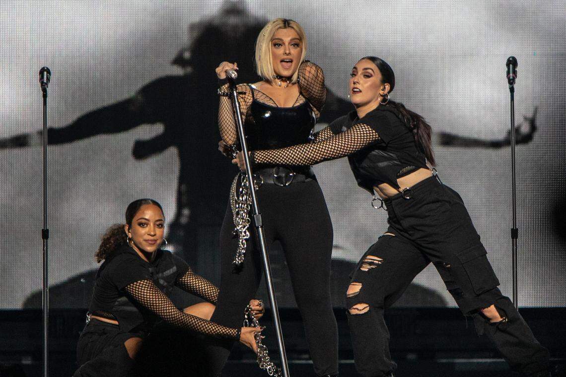 Bebe Rexha, photographed with her backup dancers, opened for the Jonas Brothers.