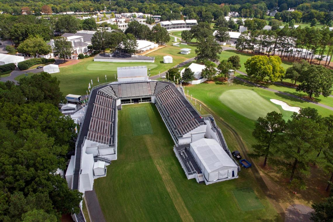 Newly built seating around the first tee Quail Hollow Club in Charlotte, N.C., Friday, Sept. 9, 2022. Quail Hollow is preparing to host the Presidents Cup being on Sept. 20.
