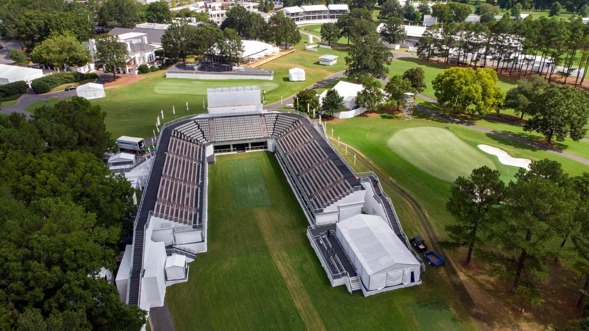 Newly built seating around the first tee Quail Hollow Club in Charlotte, N.C., Friday, Sept. 9, 2022. Quail Hollow is preparing to host the Presidents Cup being on Sept. 20.