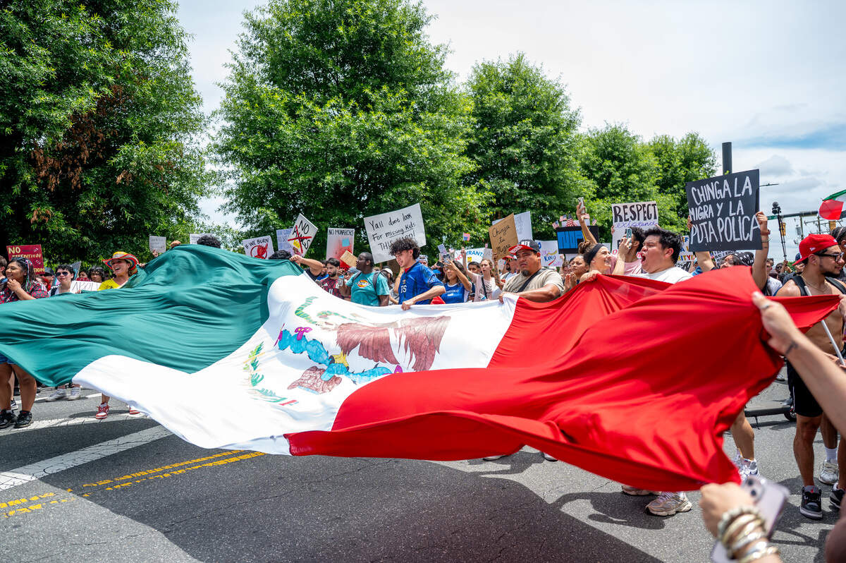 Protesters wave a flag of Mexico at the No Kings march and rally in Charlotte, NC, Saturday, June 14, 2025.