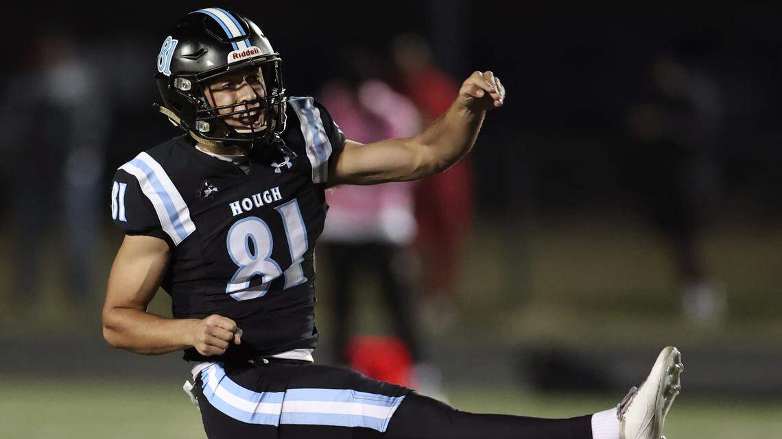 Hough High’s kicker Nolan Hauser watches his 52-yard field goal clear the goal post during first half action against West Charlotte on Friday, October 6, 2023.