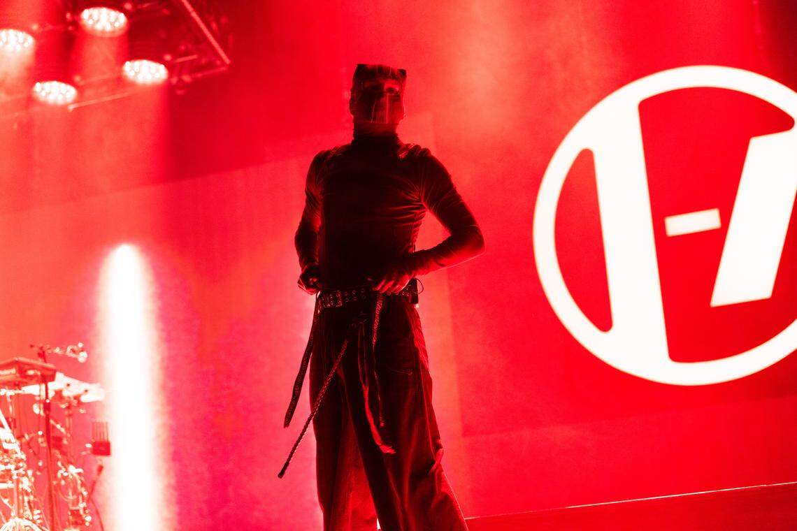 Tyler Joseph of Twenty One Pilots performs during “The Clancy Tour: Breach 2025” at PNC Music Pavilion in Charlotte on Thursday night.