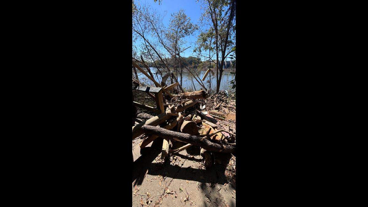 Debris from Tropical Storm Helene is pictured near the Lake Wylie Dam Access on Oct. 18, 2024.