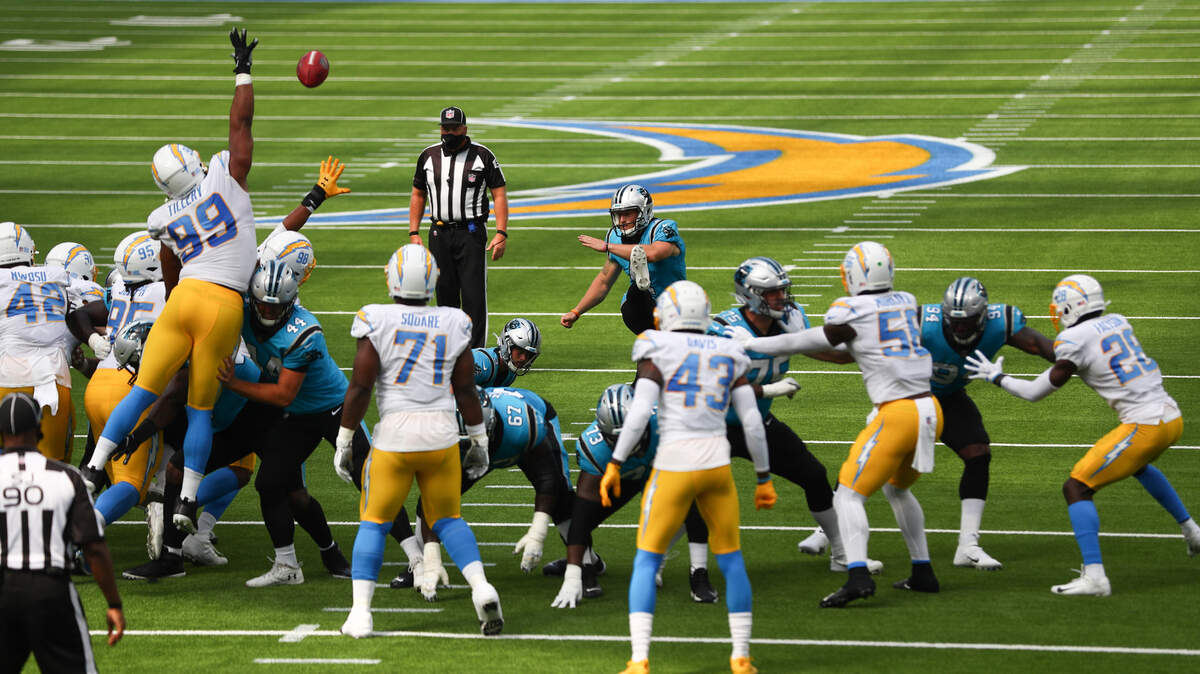 Carolina Panthers kicker Joey Slye (4) kicks a field goal in the the first quarter against the Los Angeles Chargers at SoFi Stadium on Sept. 27, 2020 in Inglewood, Calif. Slye ended the game 5-for-5 on field goals as Carolina won, 21-16.