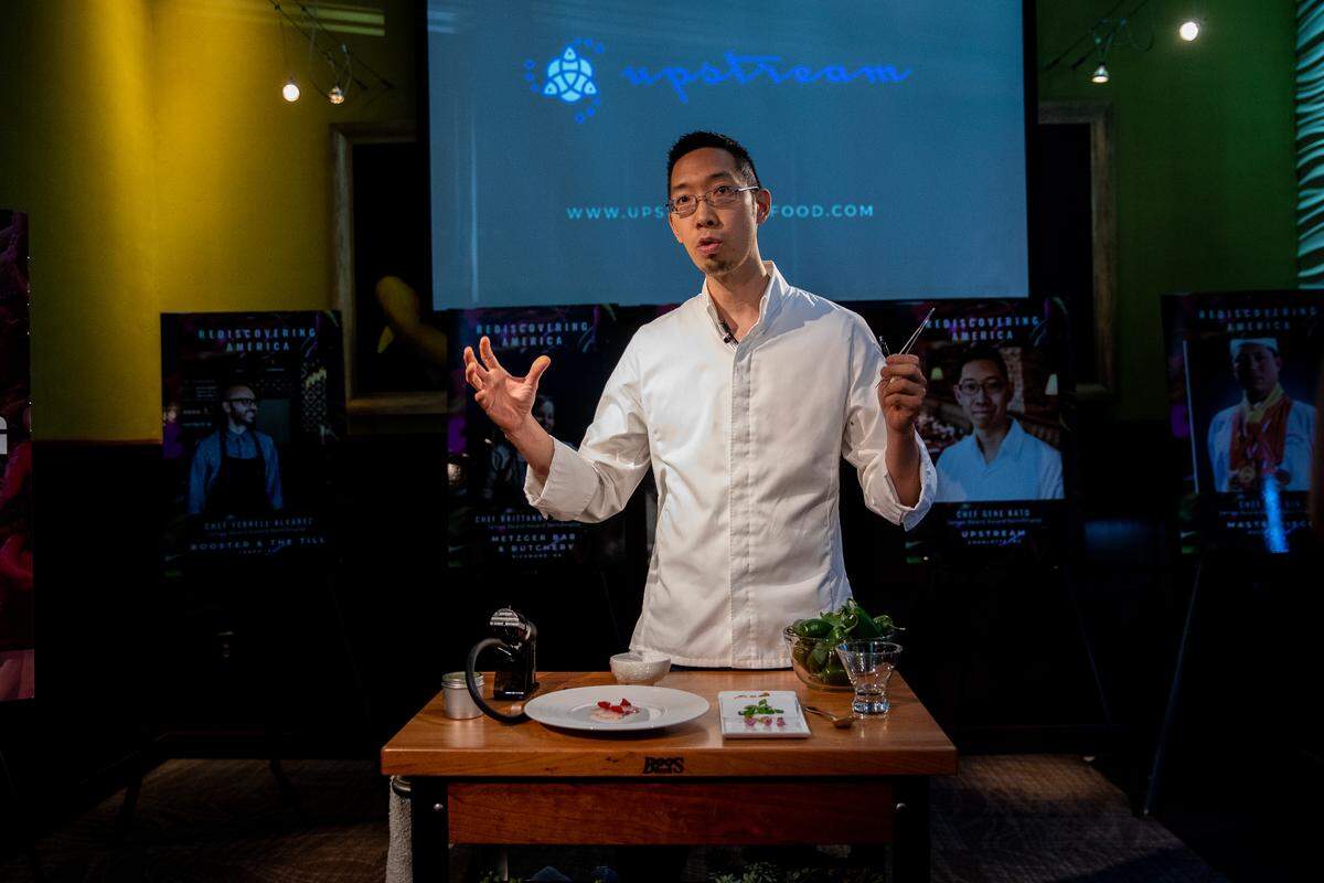 Gene Kato, the executive chef of Upstream, demonstrated a dish using peppers grown by North Carolina’s Bailey Farms.