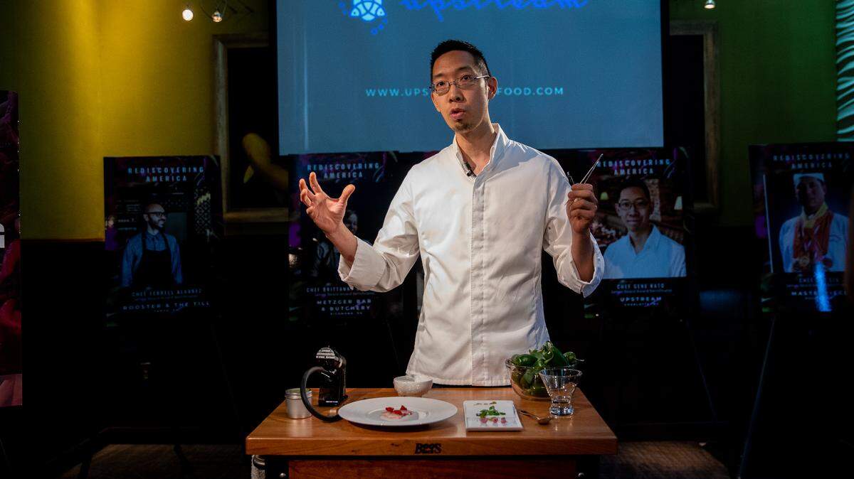 Gene Kato, the executive chef of Upstream, demonstrated a dish using peppers grown by North Carolina’s Bailey Farms.