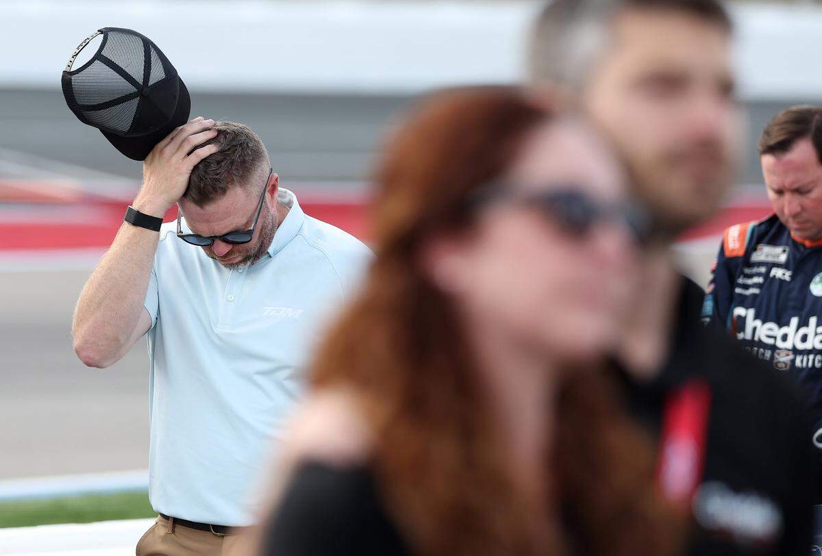 Emotions overcome people standing in the No. 33 Cheddar’s Scratch Kitchen race car area prior to the running of the Coca-Cola 600 at Charlotte Motor Speedway in Concord, NC on Sunday, May 24, 2026. Driver Kyle Busch passed away on Thursday, May 21, 2026 unexpectedly. 