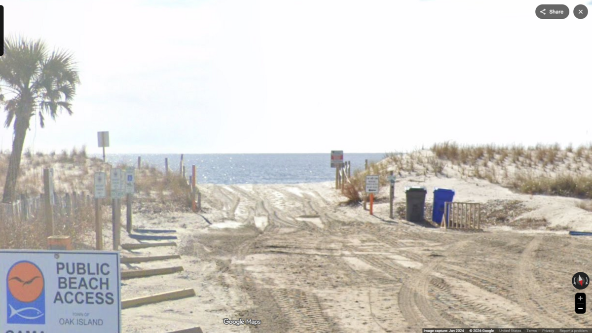 Tourist Maggie Denton was visiting Oak Island when half a shark washed up on beach, she says. The fate of the other half remains unclear.