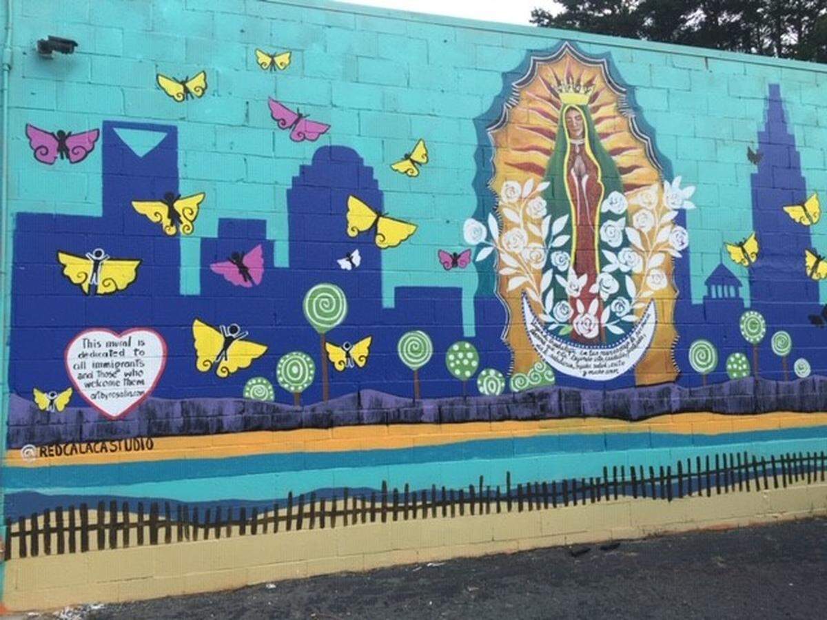 Rosalia Torres-Weiner’s mural “Lady of Guadalupe” is outside Tacos El Nevado.