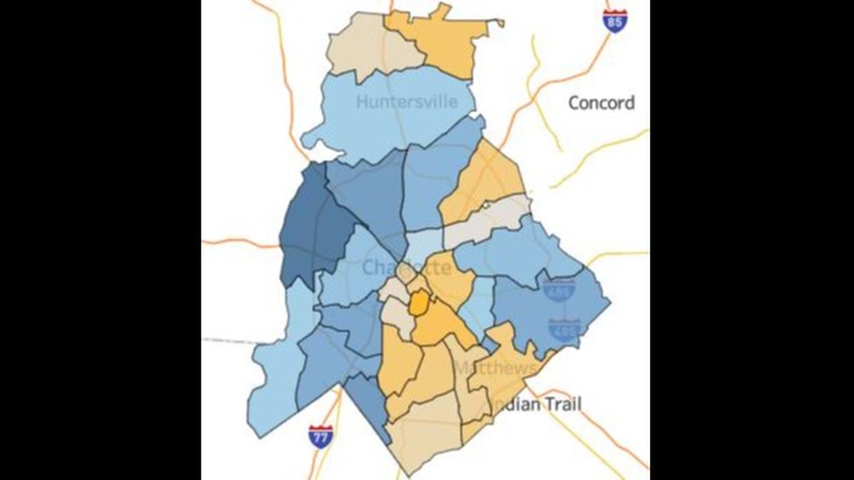 The positivity rate is derived from the percent of positive coronavirus tests. In Mecklenburg’s map, when someone is diagnosed, their positive test is included in the data for the ZIP code where they live.