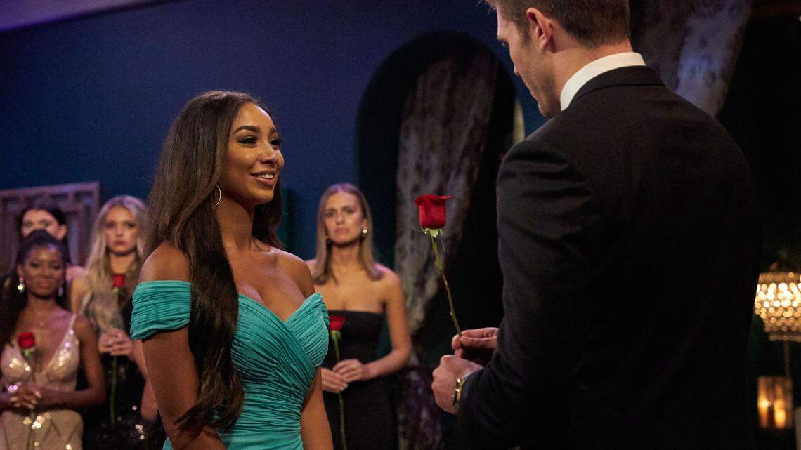 Kylee Russell, 25, of Charlotte — shown getting a rose from “The Bachelor,” Zach Shallcross — dishes on her dating-show experience, which included some drama that thrust her into a frank conversation about race.