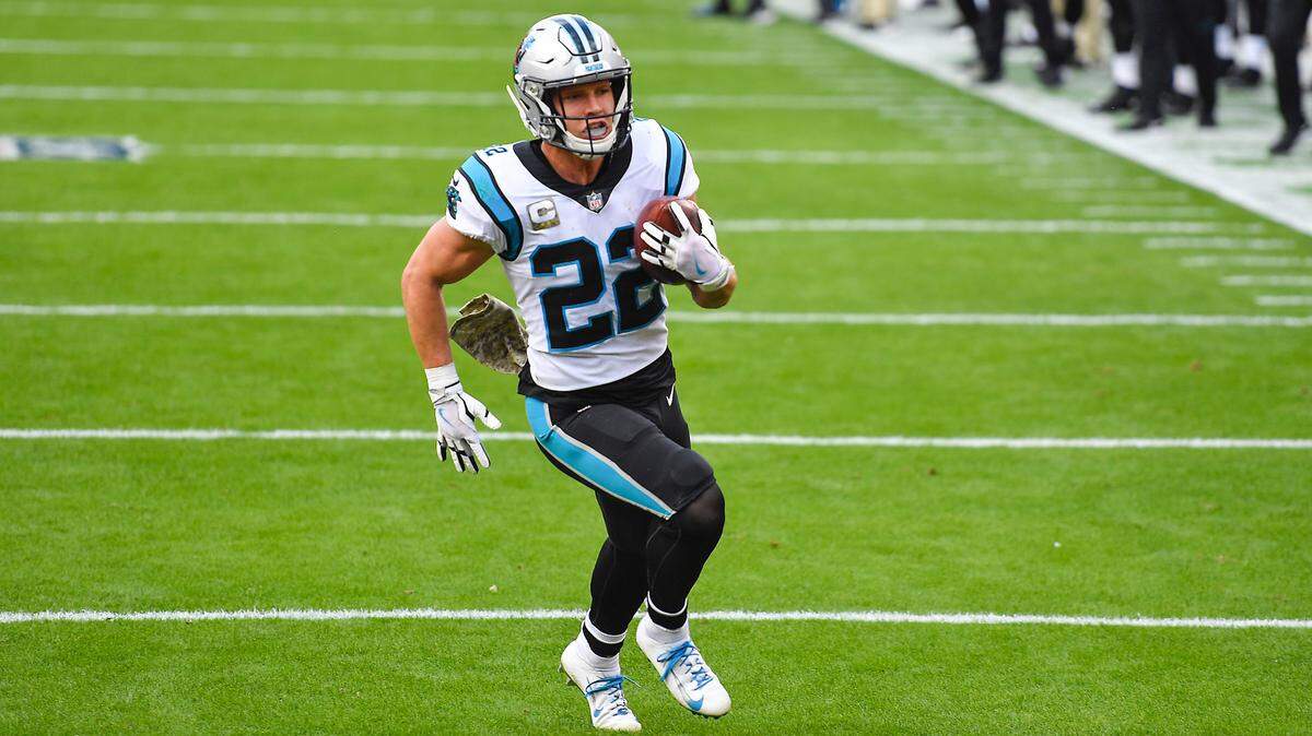 Carolina Panthers running back Christian McCaffrey scores on a pass reception int the first quarter against the Kansas City Chiefs Sunday, November 8, 2020, at Arrowhead Stadium in Kansas City, Missouri.