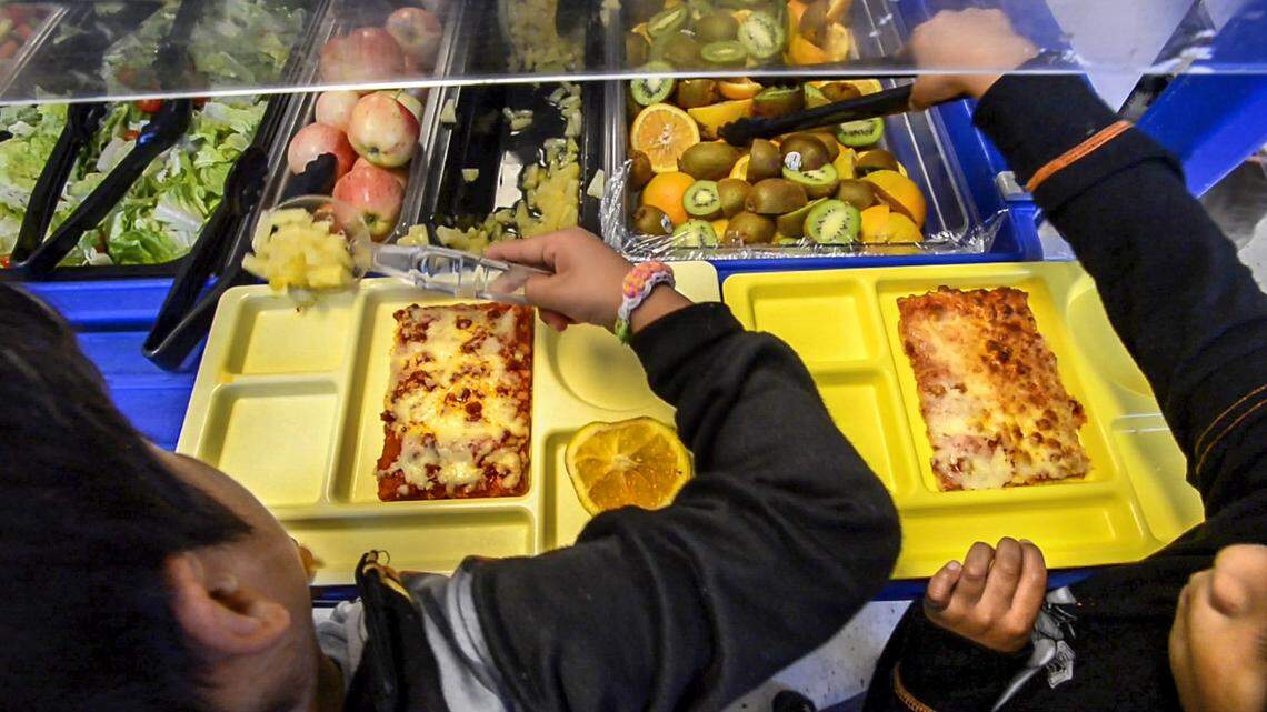 A hot lunch with fresh fruit and vegetables is served at Whitman Elementary School in Tacoma, November 16, 2018.