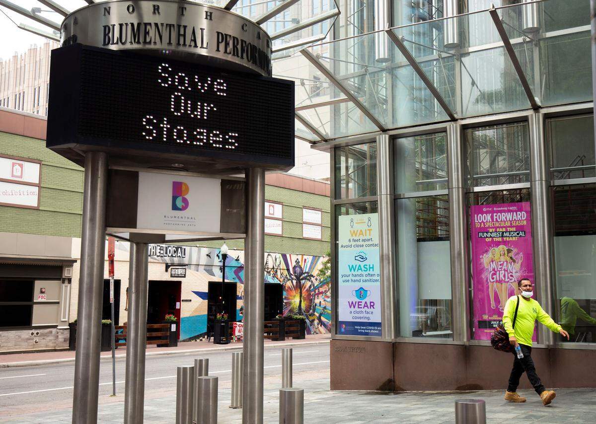 “Save our Stages” on the Blumenthal’s sign is meant to help advocate for Congress to pass legislation to fund stages of all sizes while they sit idle. Tom Gabbard, CEO of Blumenthal Performing Arts, said stages not only need income relief while they are closed, but also money for set up as they reopen.