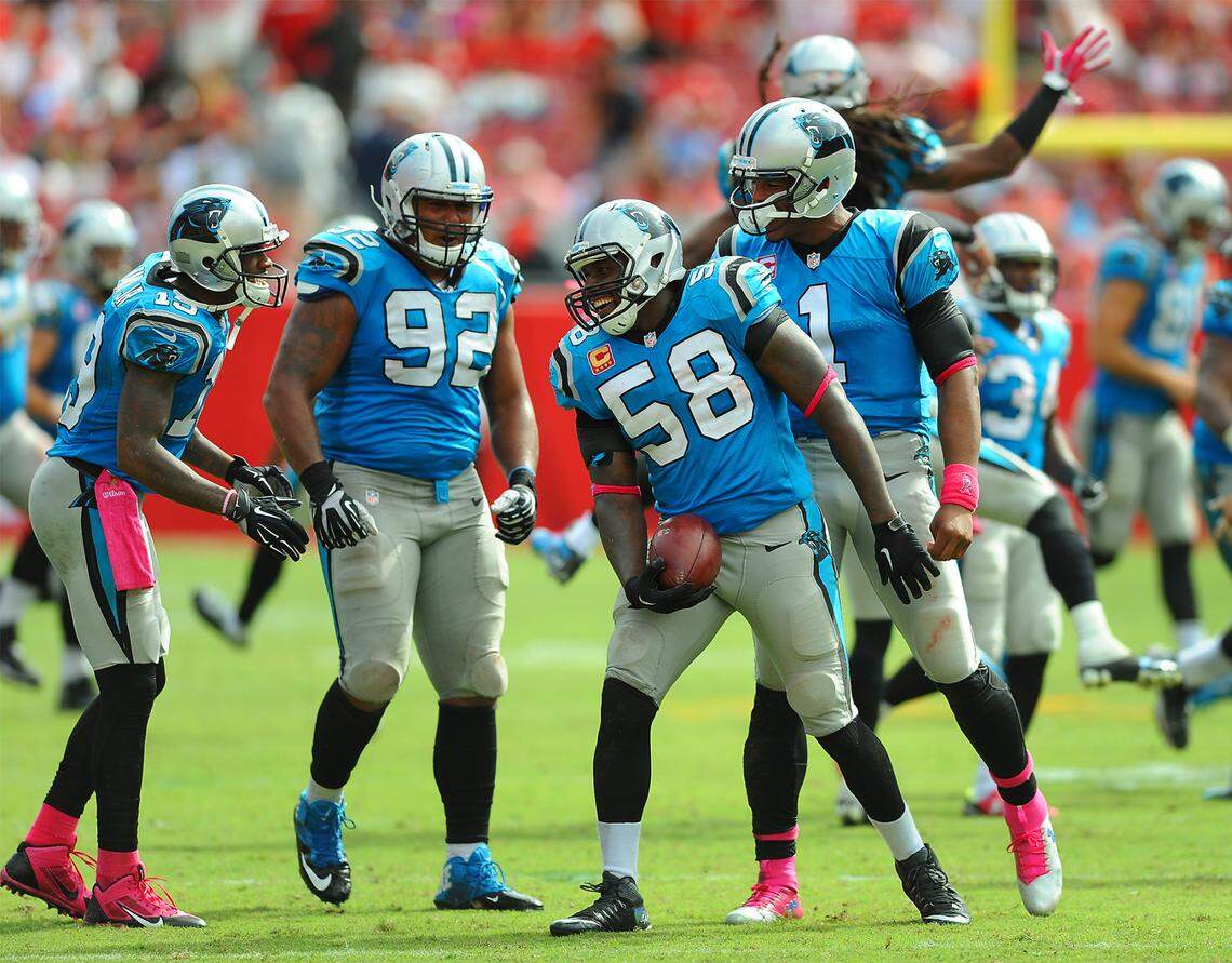 Linebacker Thomas Davis (No. 58) celebrates an interception against Tampa Bay in October 2015.