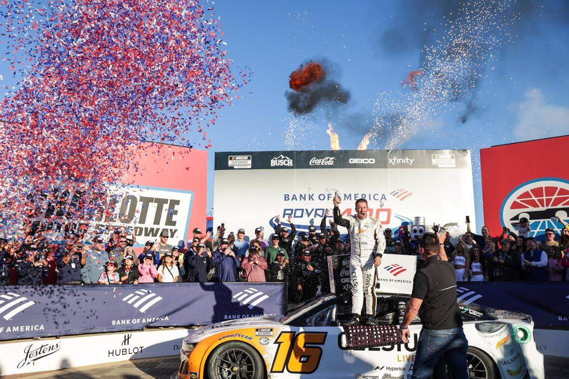 AJ Allmendinger celebrates after winning the 2023 Bank of America Roval 400 at Charlotte Motor Speedway.